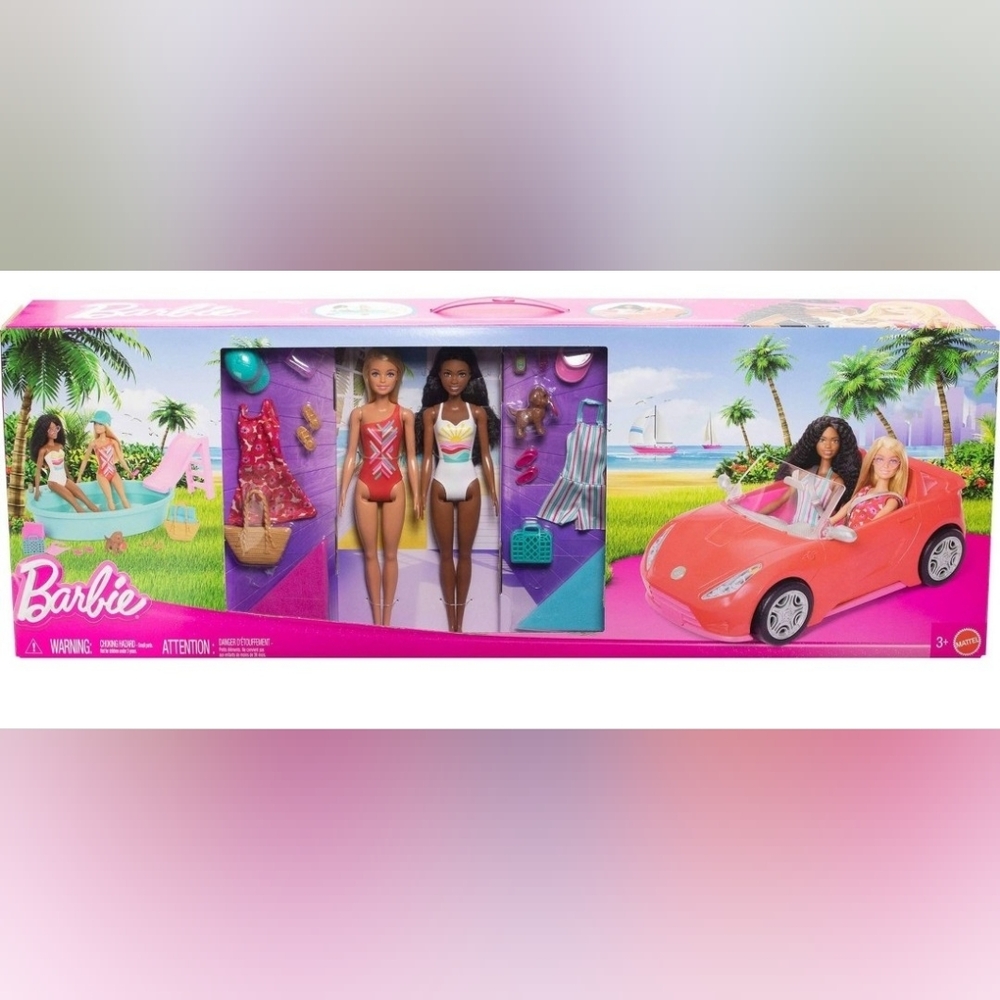 Barbie Playset W 2 Dolls, Convertible Toy Car, Pool W Slide